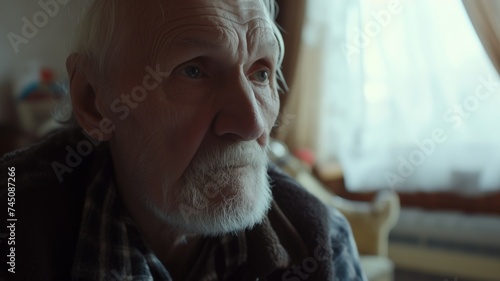 Sad, elderly man looks outside the window with a look of sadness. A lonely, elderly native. A mature, sad man.