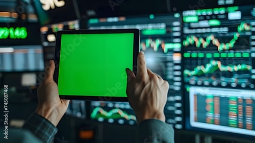 Person Holding a Tablet Computer with Green Screen Mock Up Display. Stock Exchange Application Template. Banker Monitoring Financial and Business Opportunities