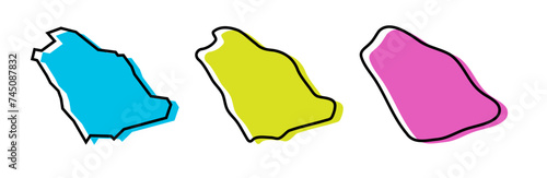 Saudi Arabia country black outline and colored country silhouettes in three different levels of smoothness. Simplified maps. Vector icons isolated on white background.