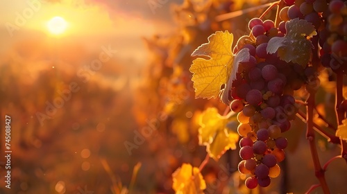 Vineyards at sunset in autumn harvest. Ripe grapes in fall. 