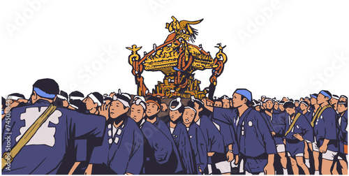 Illustration of Japanese festival procession in color