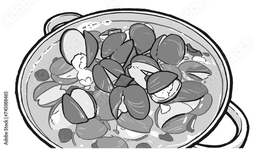 Illustration of Korean clam soup in black and white