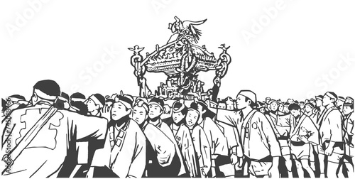 Illustration of Japanese festival procession in black and white
