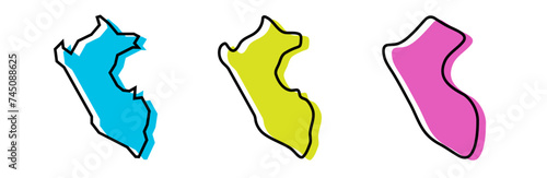 Peru country black outline and colored country silhouettes in three different levels of smoothness. Simplified maps. Vector icons isolated on white background.