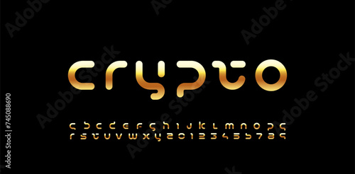 Technology rounded font, digital cyber alphabet futurism style, golden letters A, B, C, D, E, F, G, H, I, J, K, L, M, N, O, P, Q, R, S, T, U, V, W, X, Y, Z and numerals 0, 1, 2, 3, 4, 5, 6, 7, 8, 9
