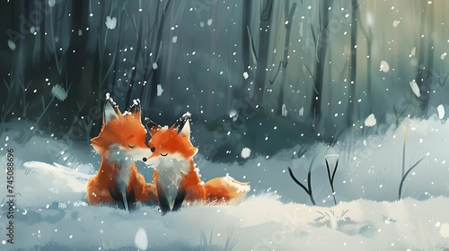 A Cute foxes on the snow during winter season. digital art