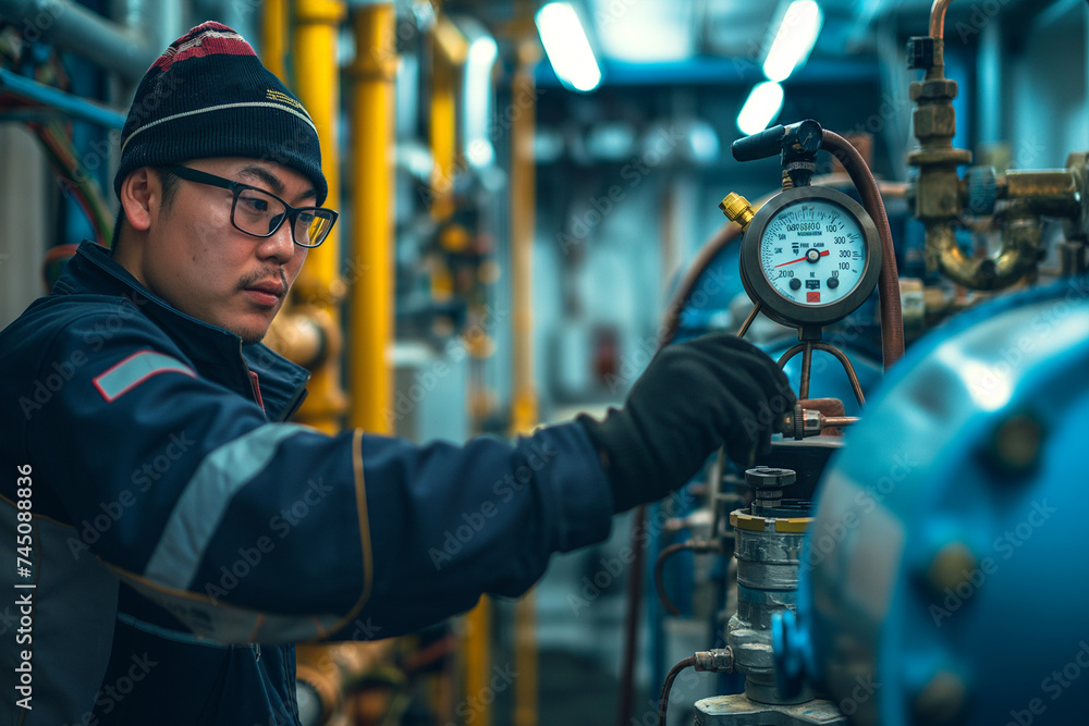 An engineer uses a pressure gauge to fill an industrial air conditioner - obrazy, fototapety, plakaty 