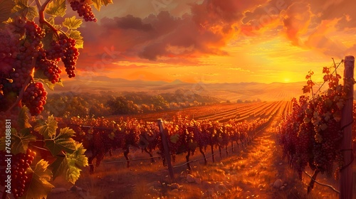 Vineyards at sunset in autumn harvest. Ripe grapes in fall. 