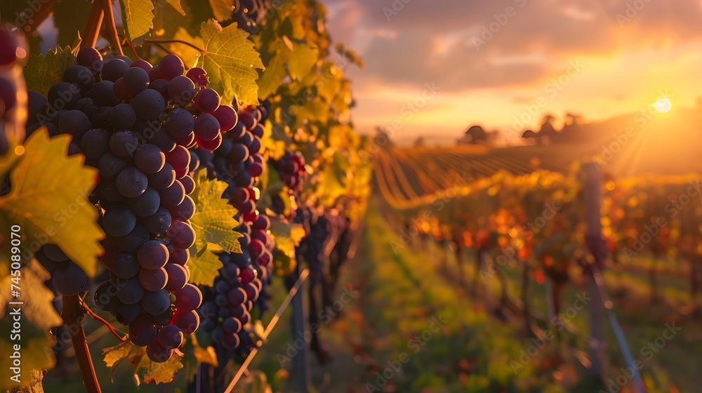 Vineyards at sunset in autumn harvest. Ripe grapes in fall. 