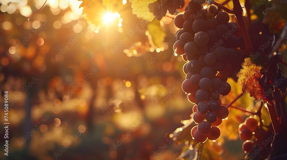 Vineyards at sunset in autumn harvest. Ripe grapes in fall.  - obrazy, fototapety, plakaty 