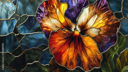 vibrant stained glass portrayal of a pansy, incorporating a spectrum of colors and delicate details to showcase the whimsical beauty of this garden favorite photo