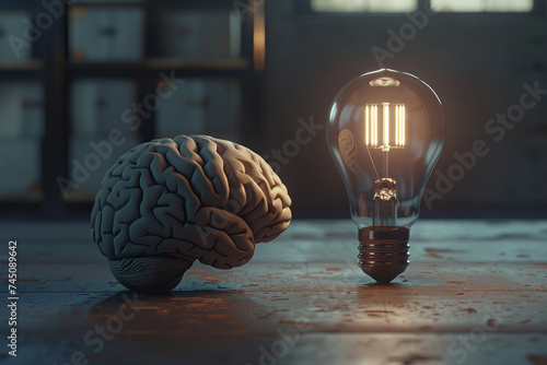 Create a 3D rendering that showcases the connection between intellect and illumination using a brain and a light bulb