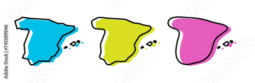 Spain country black outline and colored country silhouettes in three different levels of smoothness. Simplified maps. Vector icons isolated on white background.