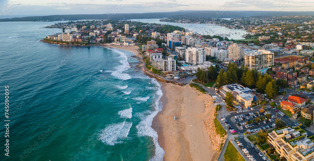 Aerial drone view over Cronulla in the Sutherland Shire, South Sydney, NSW Australia looking toward Gunnamatta Bay on the Port Hacking during the early morning in February 2024 