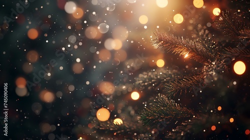 Christmas background with bokeh defocused lights and fir tree branches © Robina