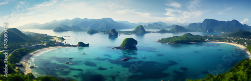  Panoramic Landscape of Ocean, Mountains, and the Serene Islands of Phuket, Thailand under a Blue Sky