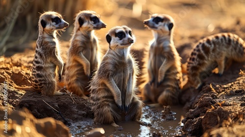 amusing composition featuring playful meerkats in a mud pool, showcasing their curious postures and cooperative behaviors