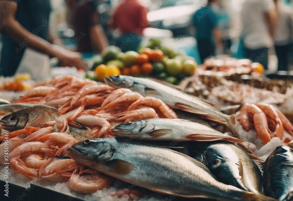 Local market with fresh farm products Sea fish and seafood close-up on street counter