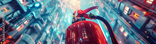 Create a stunning illustration featuring a fire extinguisher as a central element, set against a futuristic backdrop