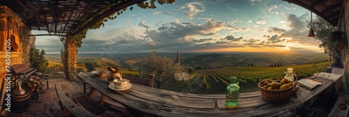 from a rustic terrace, the view sweeps over the vineyards at sunset, offering a spectacle of hills adorned with rows of vines, which contain the timeless essence of the countryside. Ai generated © The Strange Binder