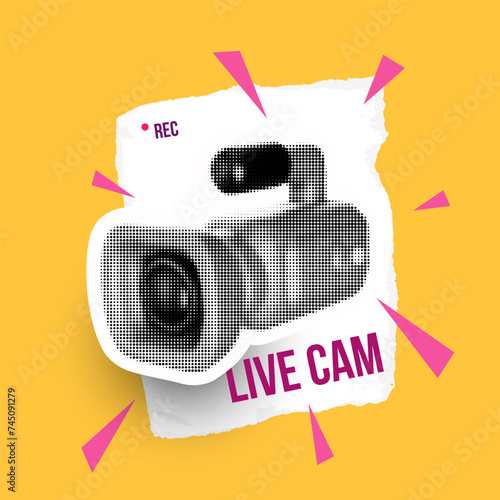 Modern art collage composition with video camera and decorative elements. Creative bright trendy concept illustration. Stylish vector background for cover banner, poster, card.