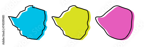 Zimbabwe country black outline and colored country silhouettes in three different levels of smoothness. Simplified maps. Vector icons isolated on white background.