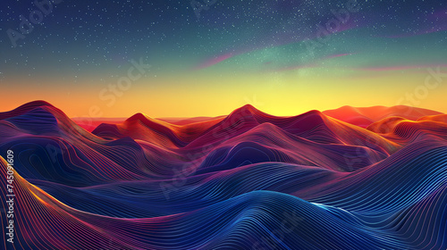 Digital art of a neon-lined landscape with undulating hills under a starry sky gradient transitioning from night to dawn with a subtle aurora.Background concept.AI generated.