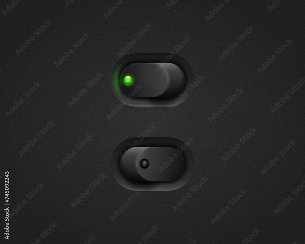 Realistic toggle switch. Black switches with backlight, on/off - position. Vector illustration. Realistic toggle switch. Black switches with backlight, on/off - position. Vector illustration.