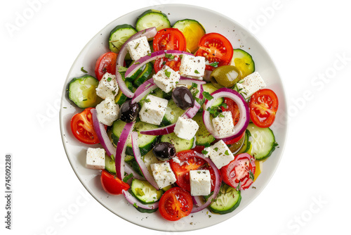 top view of a Greek salad platter with chopped cucumbers, tomatoes, red onions, olives, feta cheese, and a drizzle of olive oil.