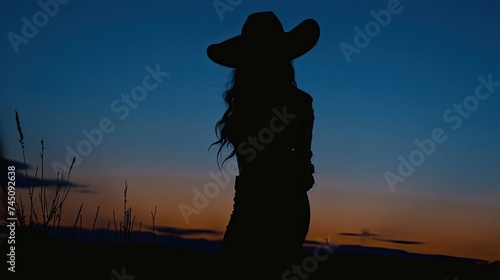 silhouette of a female cowboy during blue hour