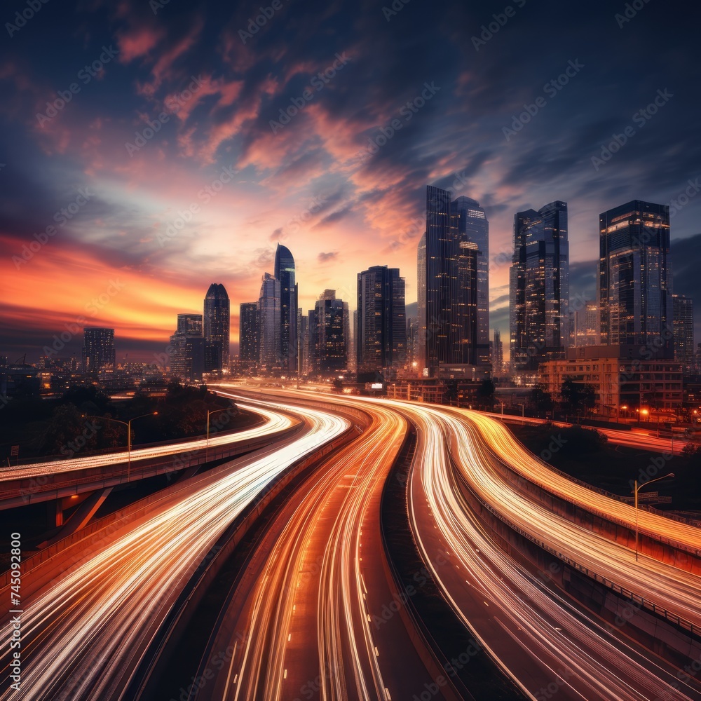 A dynamic long exposure of a futuristic highway 