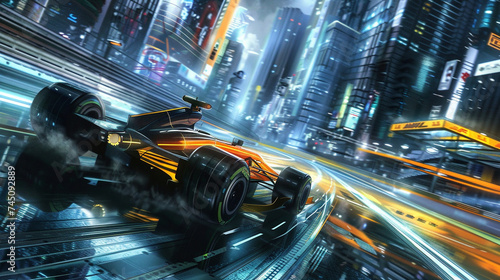 Formula 1 race illustrated by a futuristic AI artist, set against a dazzling cyberpunk cityscape backdrop
