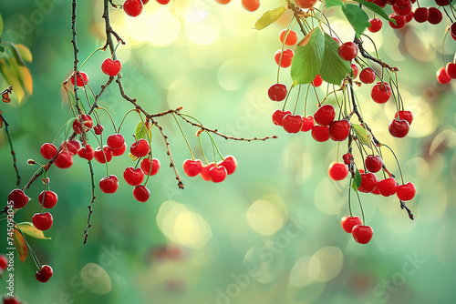 Branches with red ripe cherries against green natural background with bokeh light.