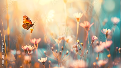 Beautiful wild flowers with butterfly on sunny spring meadow, close-up macro. Landscape wide format, copy space. Delightful pastoral airy artistic image. photo