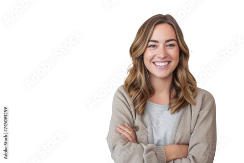 woman with folded arms and a charming smile, showcasing her approachable and engaging personality. © Only PNG