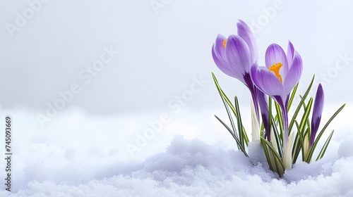 Crocus Yellow Purple spring flower growth in the snow with copy space for text.  © Ziyan