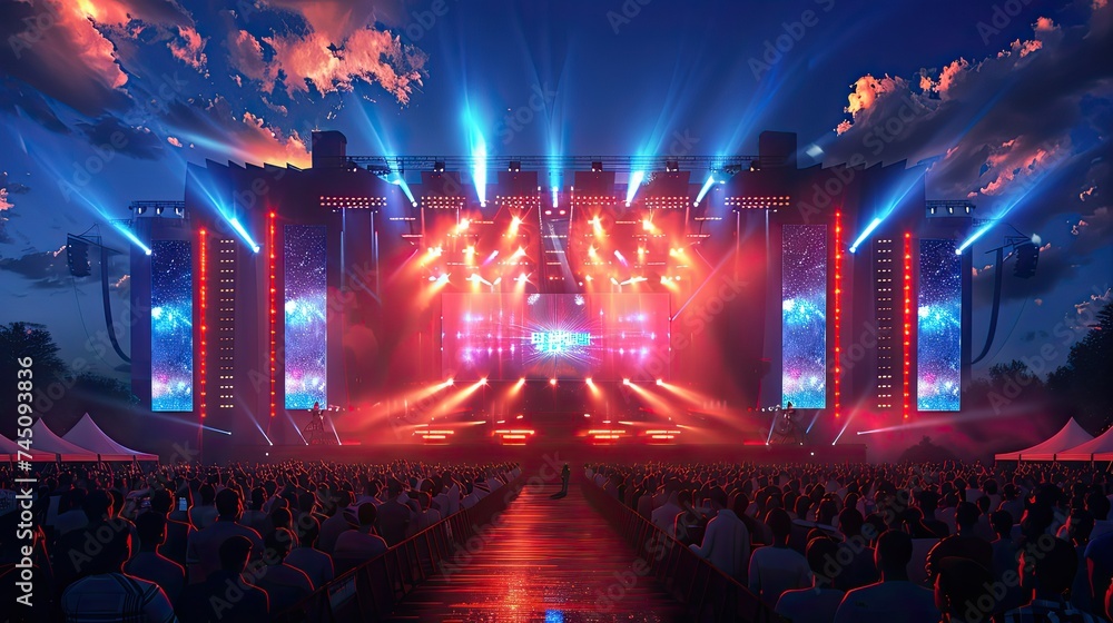 Night-time lighting is colorful, wordless outdoor event stage design stage, with many people watching the stage and going wild, side angle view, good detailed 3d artwork