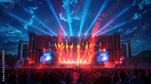 Night-time lighting is colorful, wordless outdoor event stage design stage, with many people watching the stage and going wild, side angle view, good detailed 3d artwork