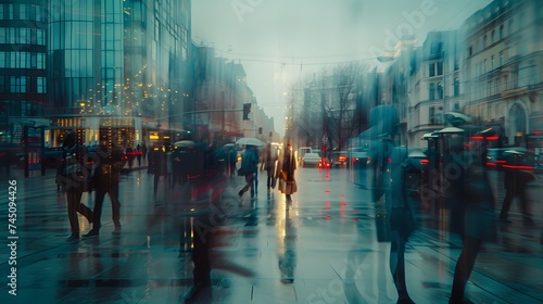 Lots of people walking around the city. Blurred image  wide panoramic view of the road with people on a rainy day. 