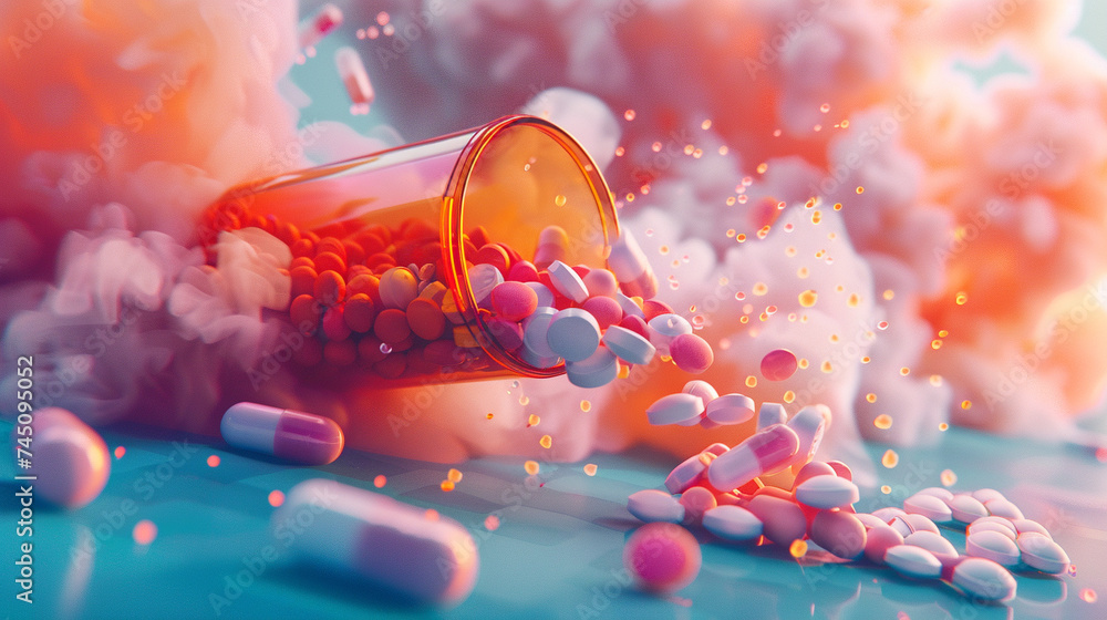 Meticulously rendered pills spilling out of a pill bottle onto a dreamy, abstract background - obrazy, fototapety, plakaty 
