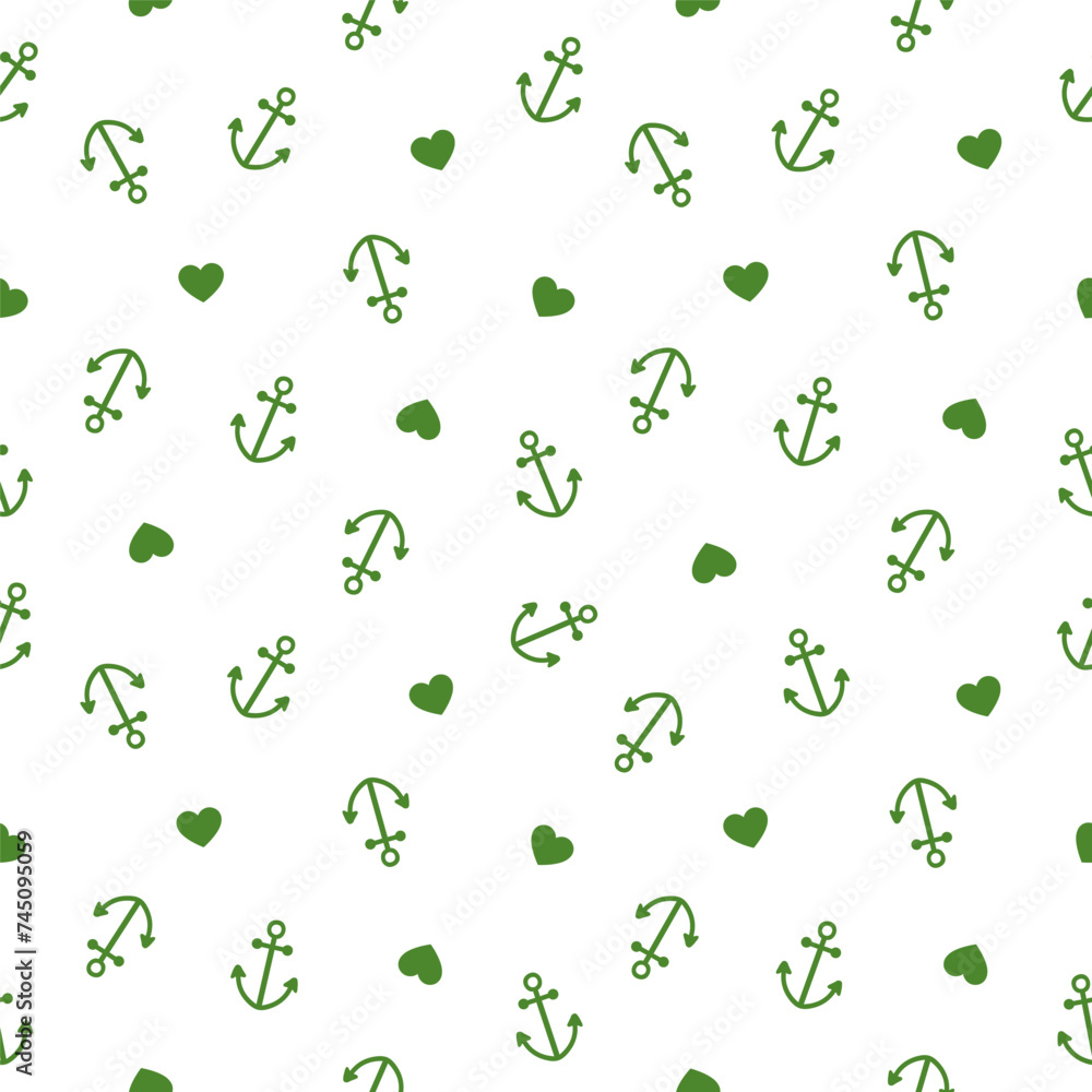 Seamless pattern with green anchors and hearts Seamless pattern with green anchors and hearts