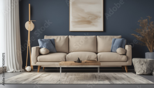 Wallpaper Mural Modern Living Room with Navy Blue Wall and Beige Sofa Torontodigital.ca
