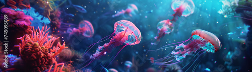 Surreal underwater world scene featuring neon marine life and floating jellyfish