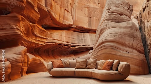 A sofa made of rock located in the desert, in the style of layered veneer panels, organic stonework, light orange, wallpaper, flowing lines, immersive, photo, cinematic texture. The composition and to photo