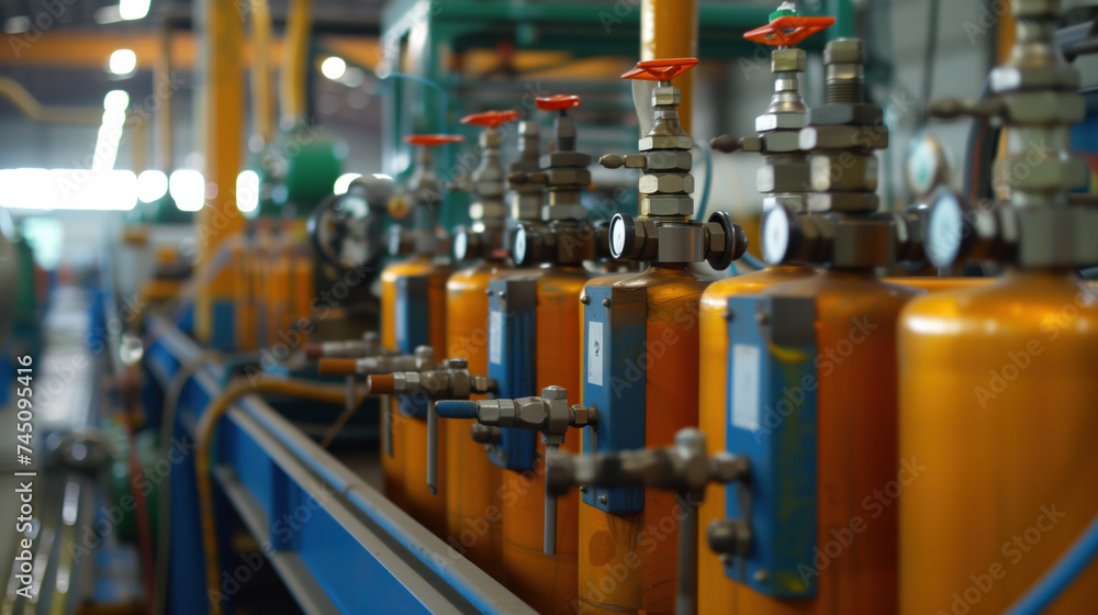 Compressed gas cylinders with valves in industrial setting. Compressed gas cylinders with valves in industrial setting.