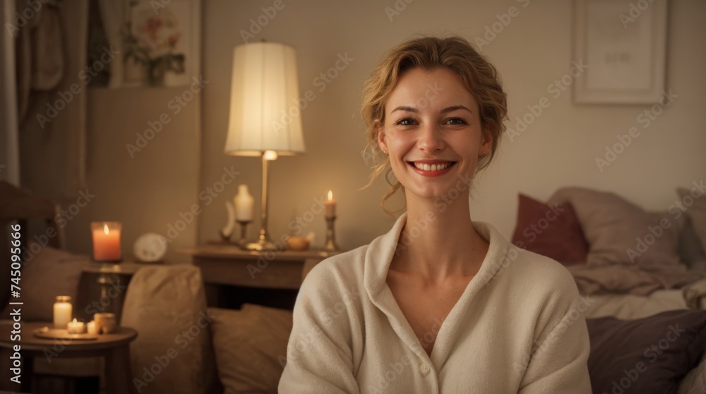 Woman Smiling Happily In Cozy Candlelit Room Full Of Warmth Woman Smiling Happily In Cozy Candlelit Room Full Of Warmth