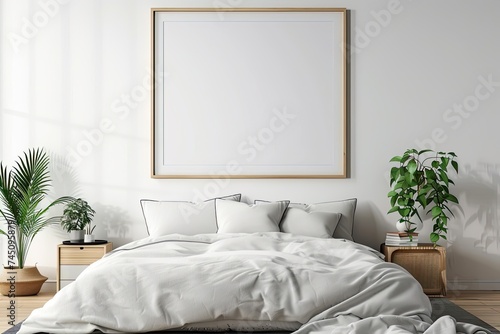 A minimalist bedroom with a blank wall frame mockup above the bed