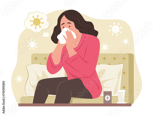 Sick Woman Blowing His Nose Into Handkerchief for Fever Concept Illustration
