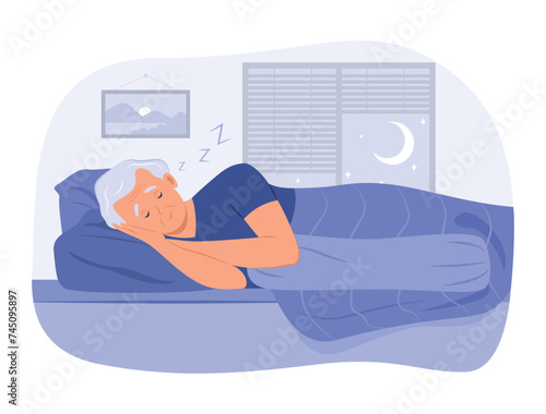 Old Man Sleeping in Bed at Night
