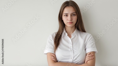 A confident woman in a white shirt standing gracefully with arms crossed 